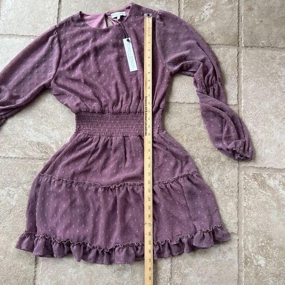 Koko + Mason Mauve Swiss Dot Smocked Waist Tiered Mini Dress Small NEW - Picture 9 of 12